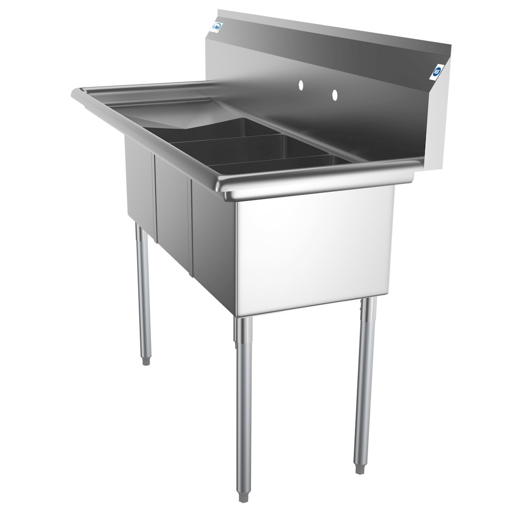 55 in. Three Compartment Sink with Drainboard, Bowl Size 12"x 16"x 10". Picture 4
