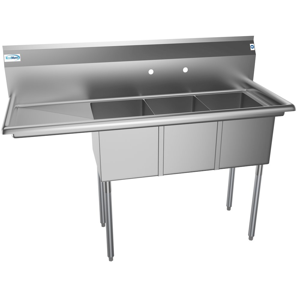 55 in. Three Compartment Sink with Drainboard, Bowl Size 12"x 16"x 10". Picture 6