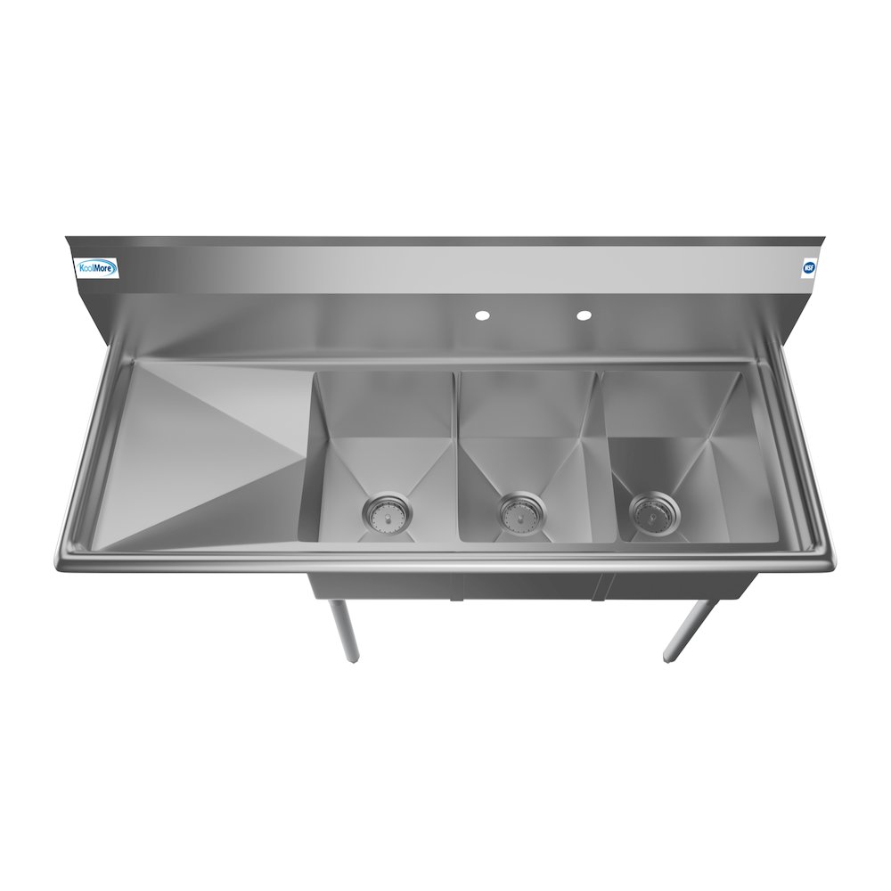 55 in. Three Compartment Sink with Drainboard, Bowl Size 12"x 16"x 10". Picture 7