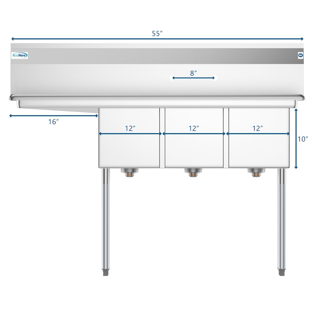 55 in. Three Compartment Sink with Drainboard, Bowl Size 12"x 16"x 10". Picture 9