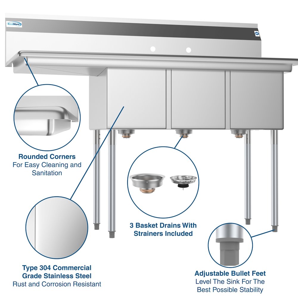 55 in. Three Compartment Sink with Drainboard, Bowl Size 12"x 16"x 10". Picture 11