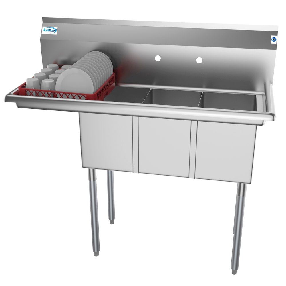 45 in. Three Compartment Sink with Drainboard, Bowl Size 10"x 14"x 10". Picture 4