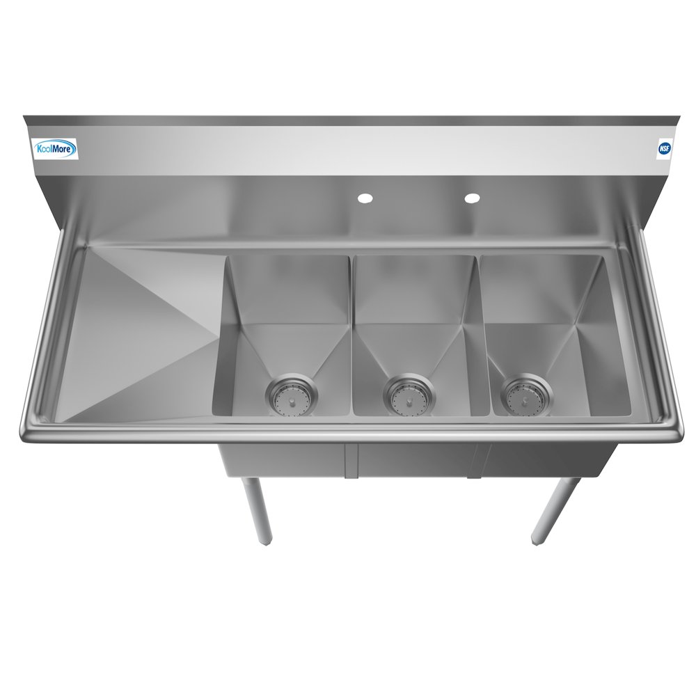 45 in. Three Compartment Sink with Drainboard, Bowl Size 10"x 14"x 10". Picture 6