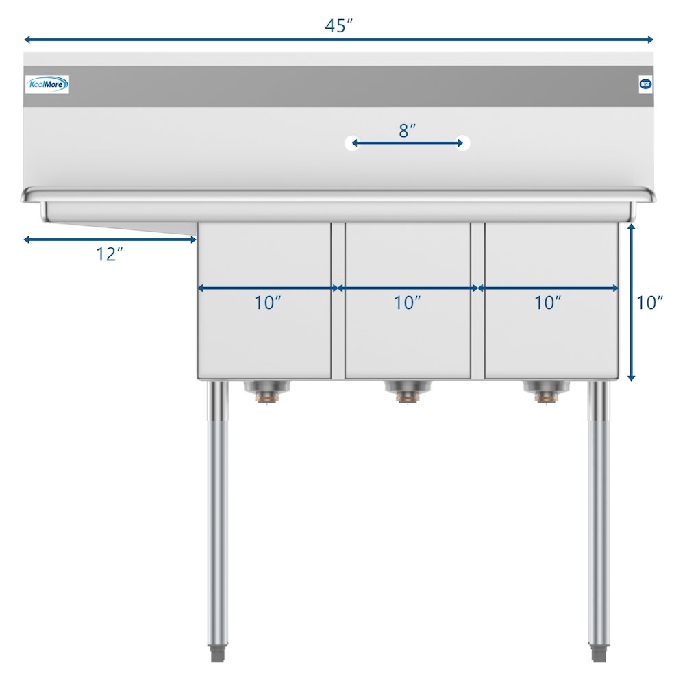 45 in. Three Compartment Sink with Drainboard, Bowl Size 10"x 14"x 10". Picture 10