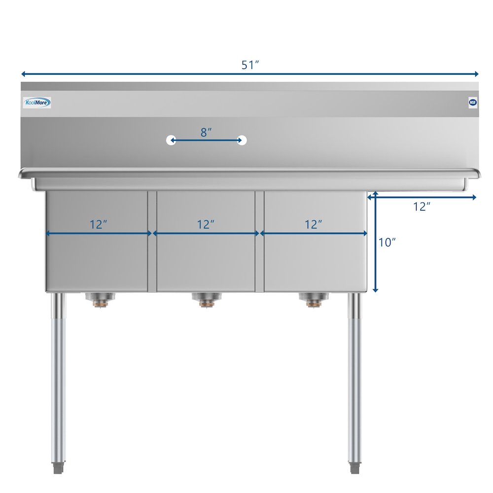 51 in. Three Compartment Sink with Drainboard, Bowl Size 12"x 16"x 10". Picture 7