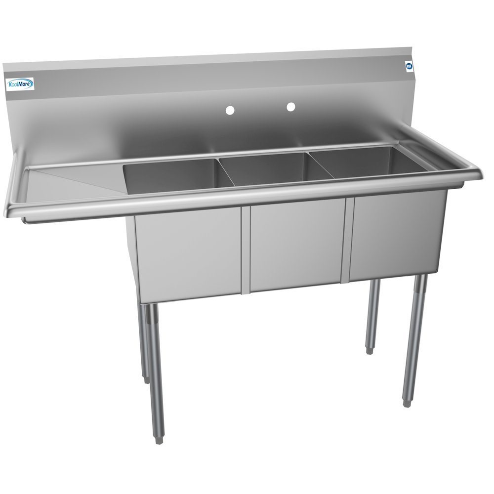 51 in. Three Compartment Sink with Drainboard, Bowl Size 12"x 16"x 10". Picture 7