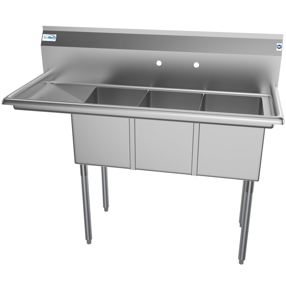51 in. Three Compartment Sink with Drainboard, Bowl Size 12"x 16"x 10". Picture 8