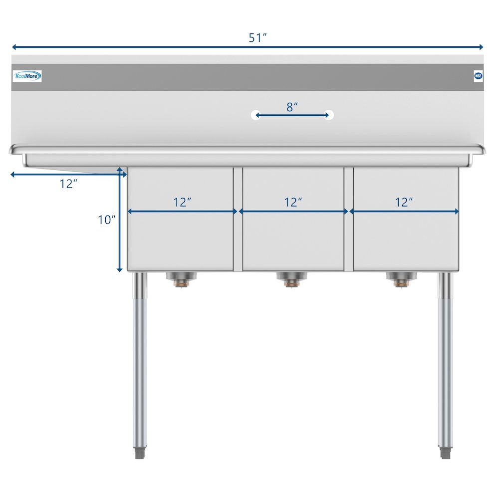 51 in. Three Compartment Sink with Drainboard, Bowl Size 12"x 16"x 10". Picture 10