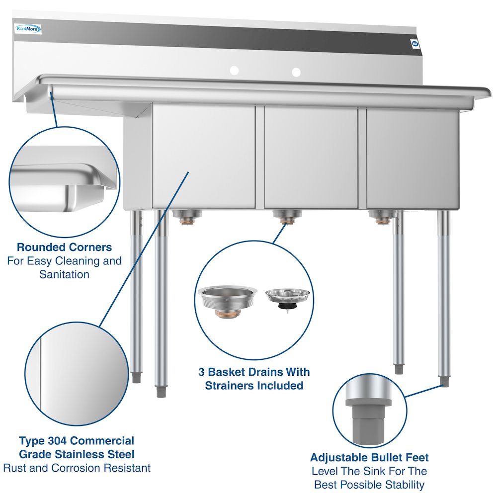 51 in. Three Compartment Sink with Drainboard, Bowl Size 12"x 16"x 10". Picture 12