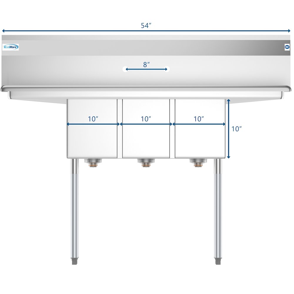 54 in. Three Compartment Sink with Drainboards, Bowl Size 10"x 14"x 10". Picture 10
