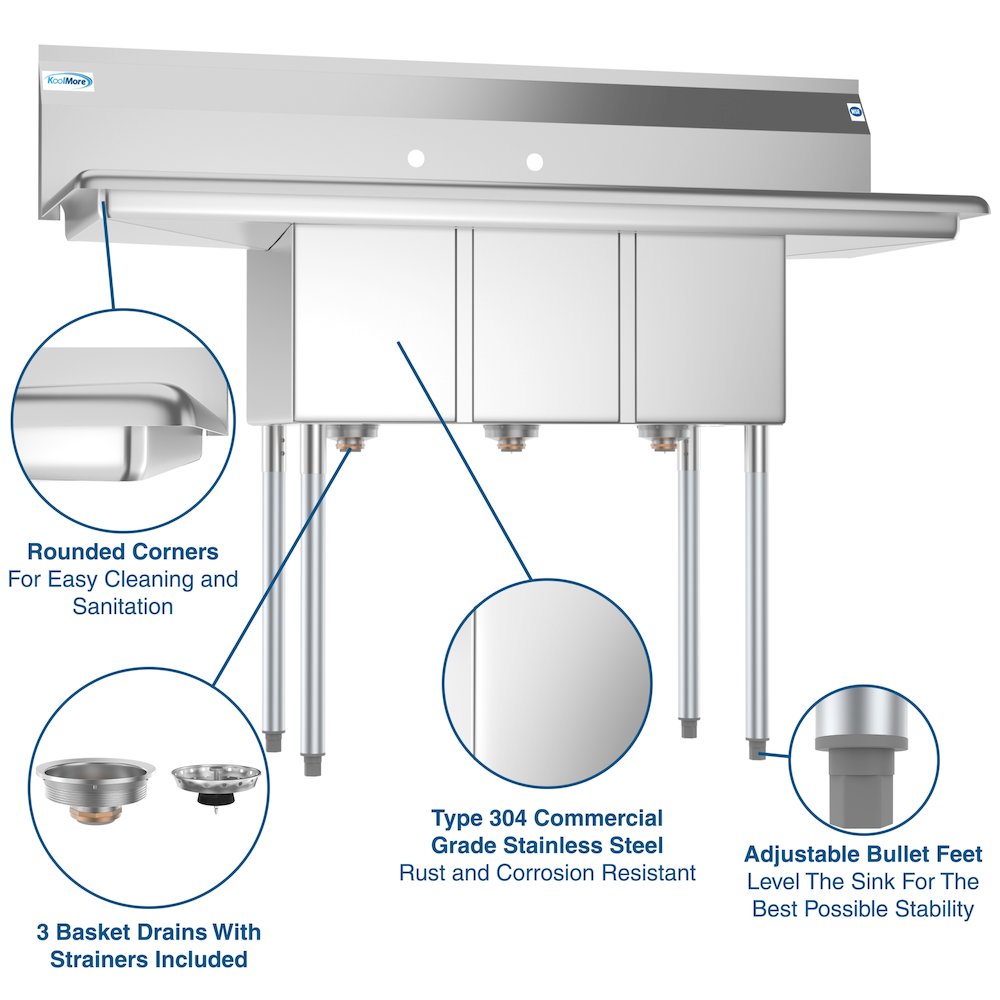 54 in. Three Compartment Sink with Drainboards, Bowl Size 10"x 14"x 10". Picture 11