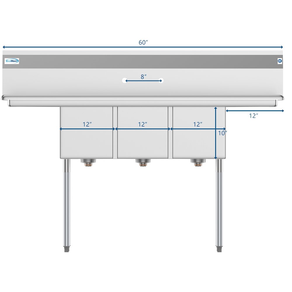 60 in. Three Compartment Sink With Drainboards, Bowl Size 12"x 16"x 10". Picture 8