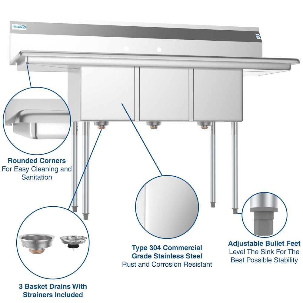 60 in. Three Compartment Sink With Drainboards, Bowl Size 12"x 16"x 10". Picture 10