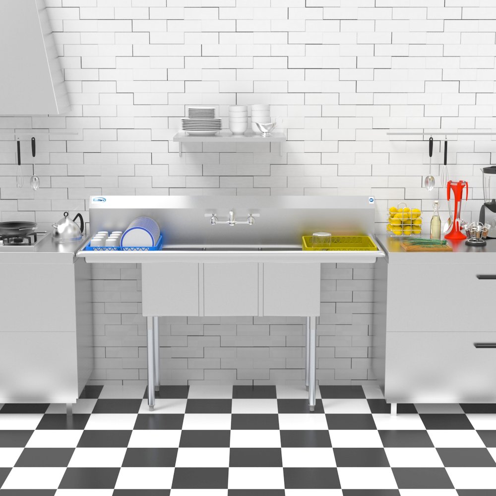 60 in. Three Compartment Sink With Drainboards, Bowl Size 12"x 16"x 10". Picture 11