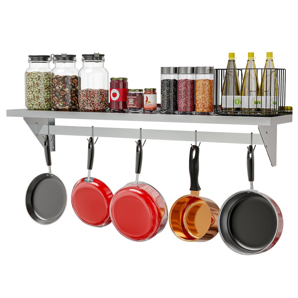 12" x 60" 18-Gauge Stainless-Steel Heavy Duty Wall Shelf with Pot Rack,. Picture 3