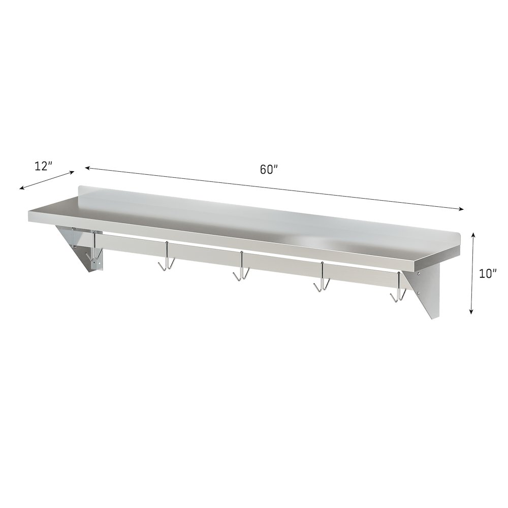 12" x 60" 18-Gauge Stainless-Steel Heavy Duty Wall Shelf with Pot Rack,. Picture 9