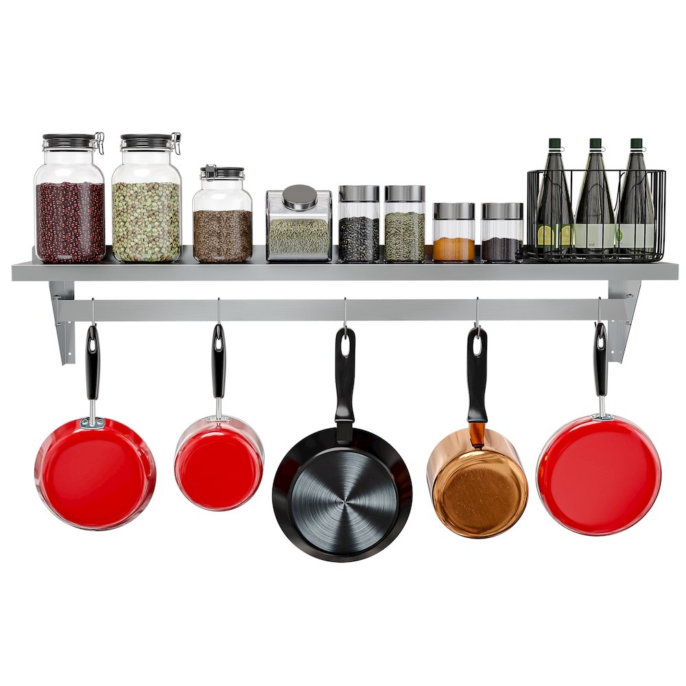 12" x 60" 18-Gauge Stainless-Steel Heavy Duty Wall Shelf with Pot Rack,. Picture 10