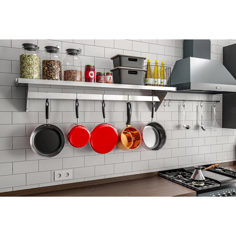 12" x 60" 18-Gauge Stainless-Steel Heavy Duty Wall Shelf with Pot Rack,. Picture 12