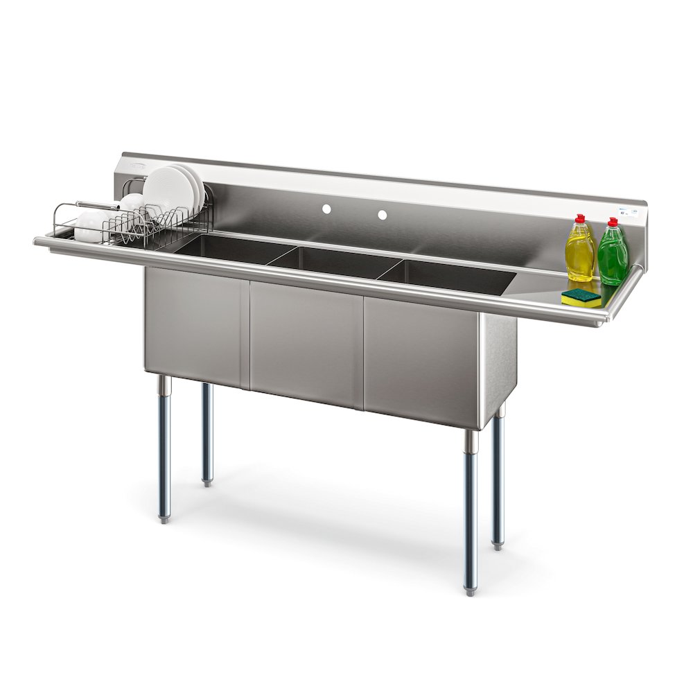75 in Three Compartment Sink, Bowl Size 15x15x14, 18 Gauge Stainless-Steel. Picture 3