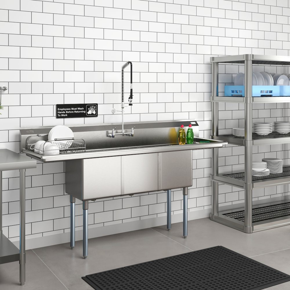 75 in Three Compartment Sink, Bowl Size 15x15x14, 18 Gauge Stainless-Steel. Picture 6