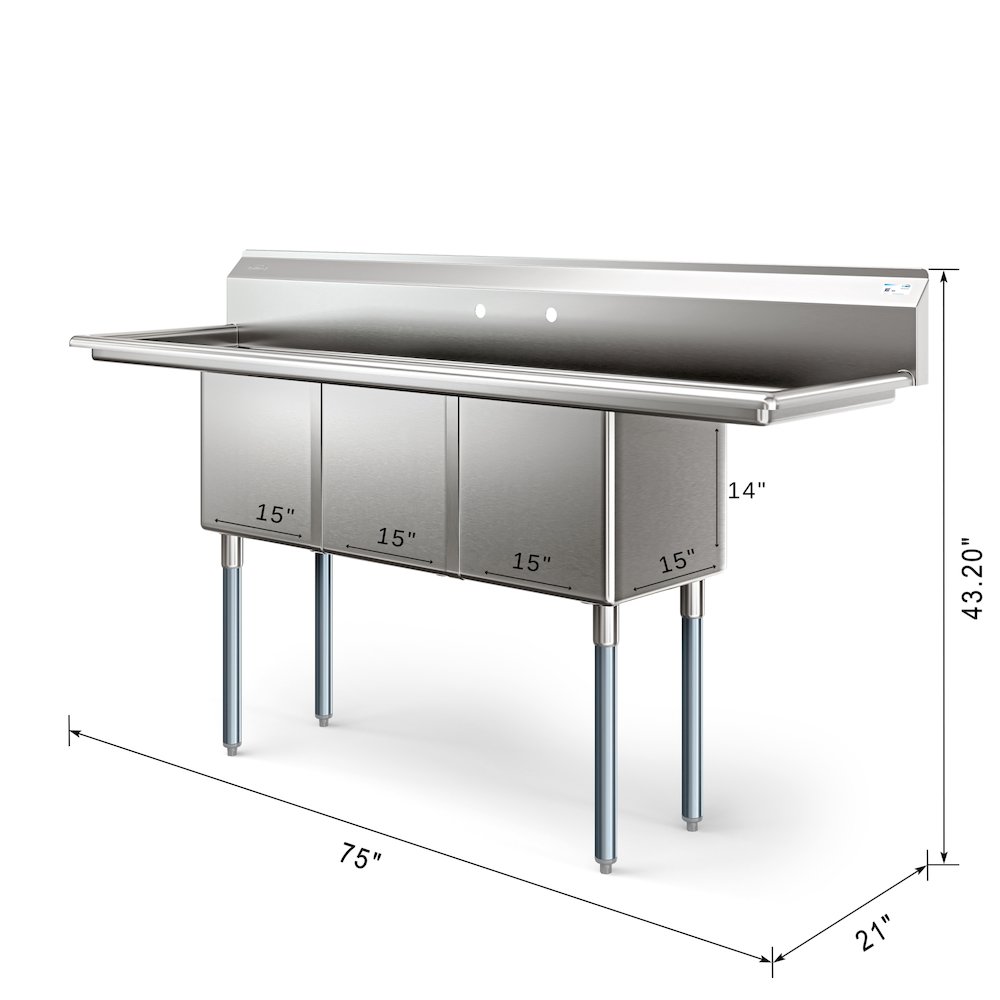 75 in Three Compartment Sink, Bowl Size 15x15x14, 16 Gauge Stainless-Steel. Picture 2
