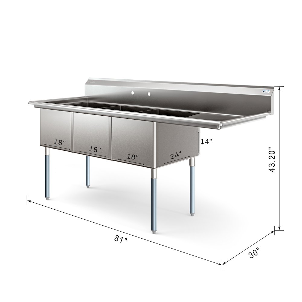 81 in. Three Compartment Sink Bowl Size 18x24x14 Stainless-Steel 18 Gauge. Picture 2