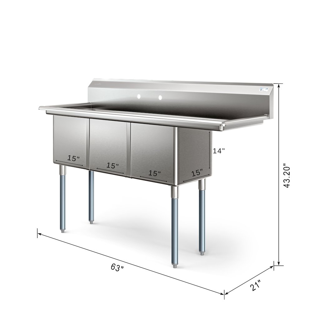 63 in Three Compartment Sink, Bowl Size 15x15x14, 18-Gauge Stainless-Steel. Picture 2