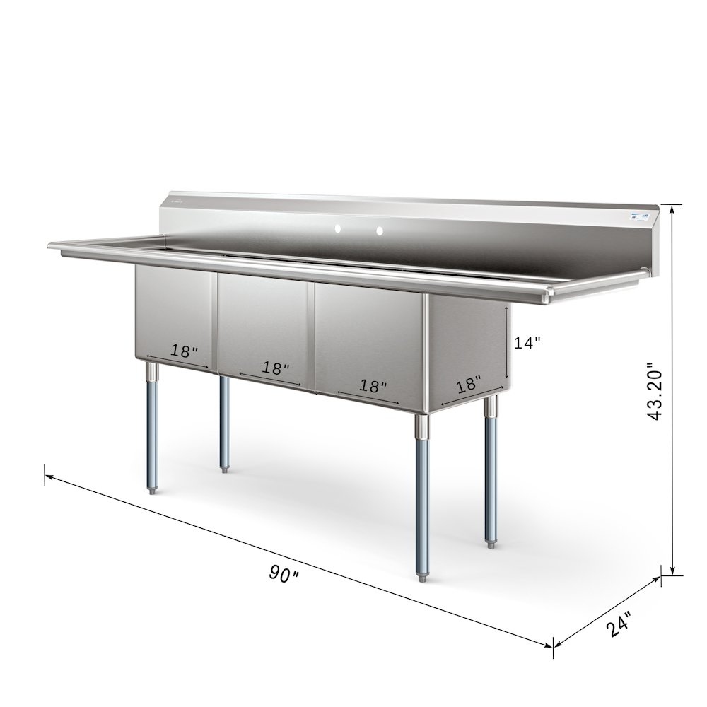 90 in. Three Compartment Sink Bowl Size 18x18x14 18-Gauge Stainless-Steel. Picture 2