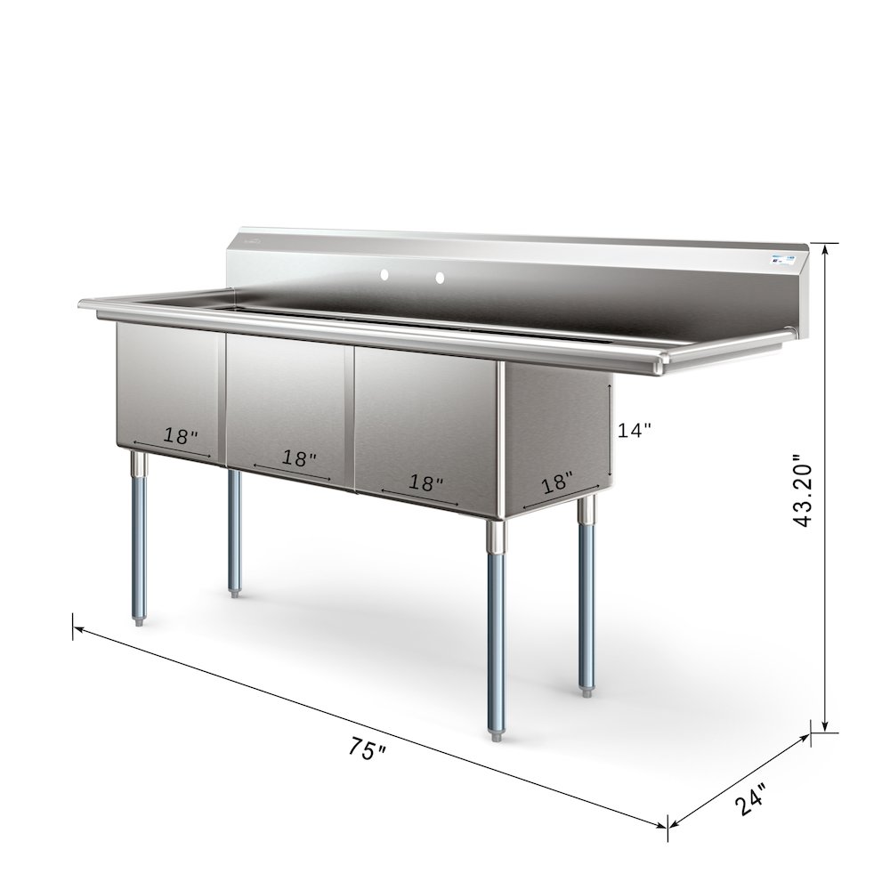 75 in. Three Compartment Sink Bowl Size 18x18x14 Stainless-Steel 18 Gauge. Picture 2