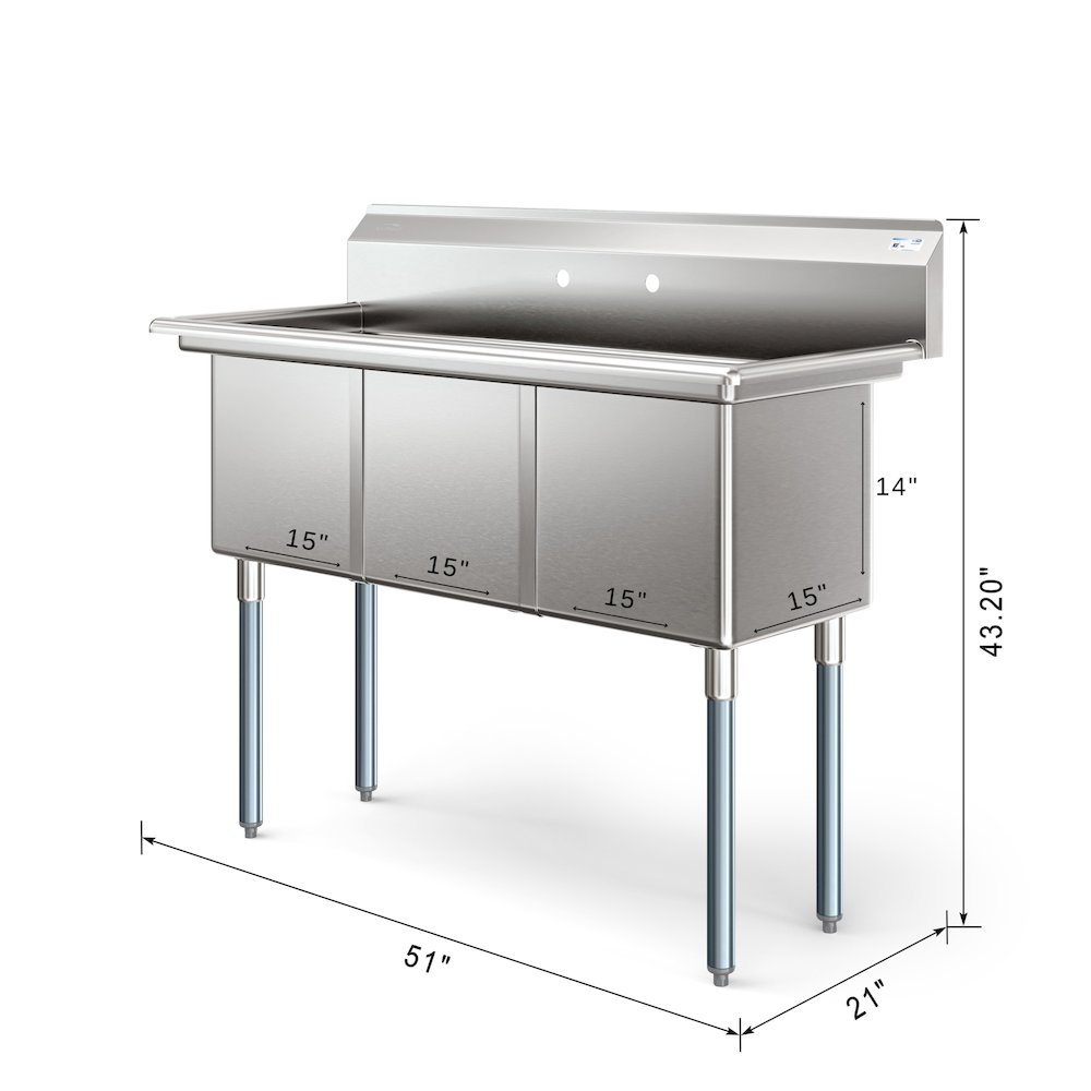 60 in. Three Compartment Sink Bowl Size 18x18x14 Stainless-Steel 18 Gauge. Picture 2