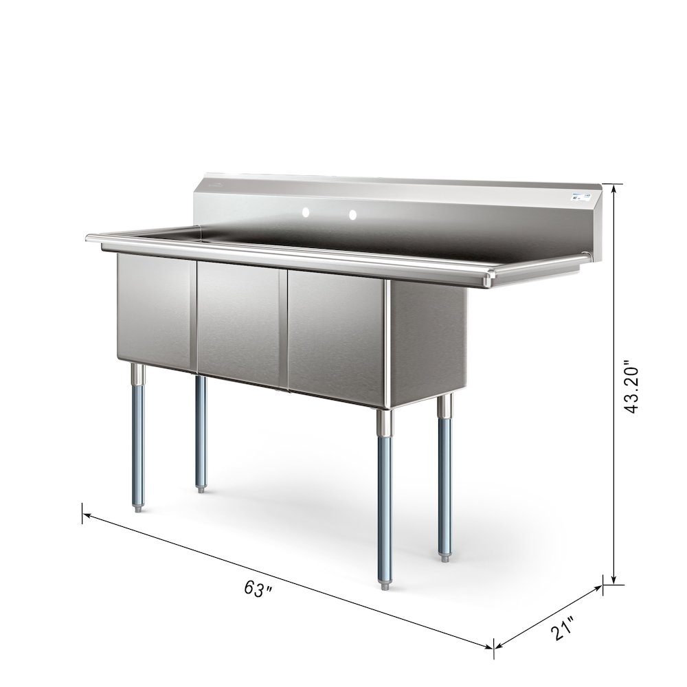 63 in Three Compartment Sink, Bowl Size 15x15x14, Stainless-Steel 16 Gauge. Picture 4