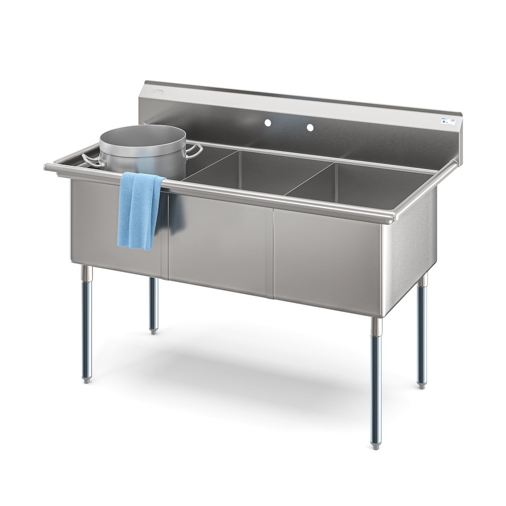 60 in. Three Compartment Sink, Bowl Size 18x24x14 in 18-Gauge Stainless-Steel. Picture 1
