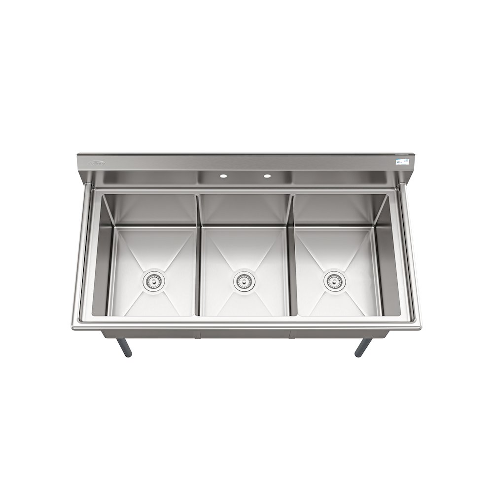 60 in. Three Compartment Sink, Bowl Size 18x24x14 in 18-Gauge Stainless-Steel. Picture 7