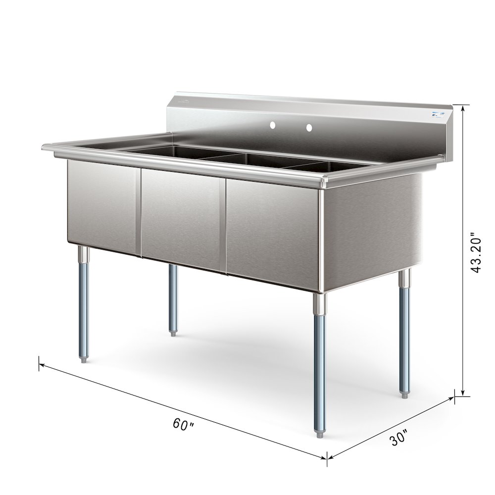 60 in. Three Compartment Sink, Bowl Size 18x24x14 in 18-Gauge Stainless-Steel. Picture 2