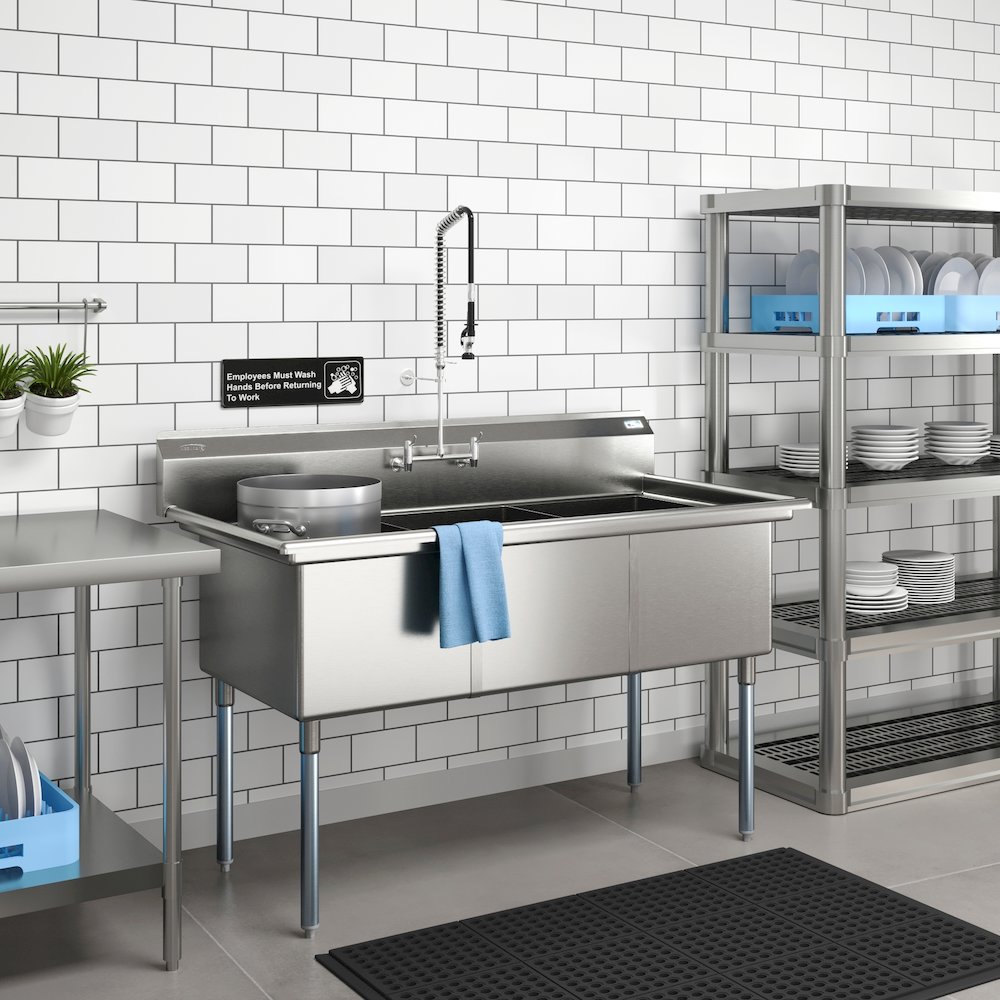 60 in. Three Compartment Sink, Bowl Size 18x24x14 in 18-Gauge Stainless-Steel. Picture 5