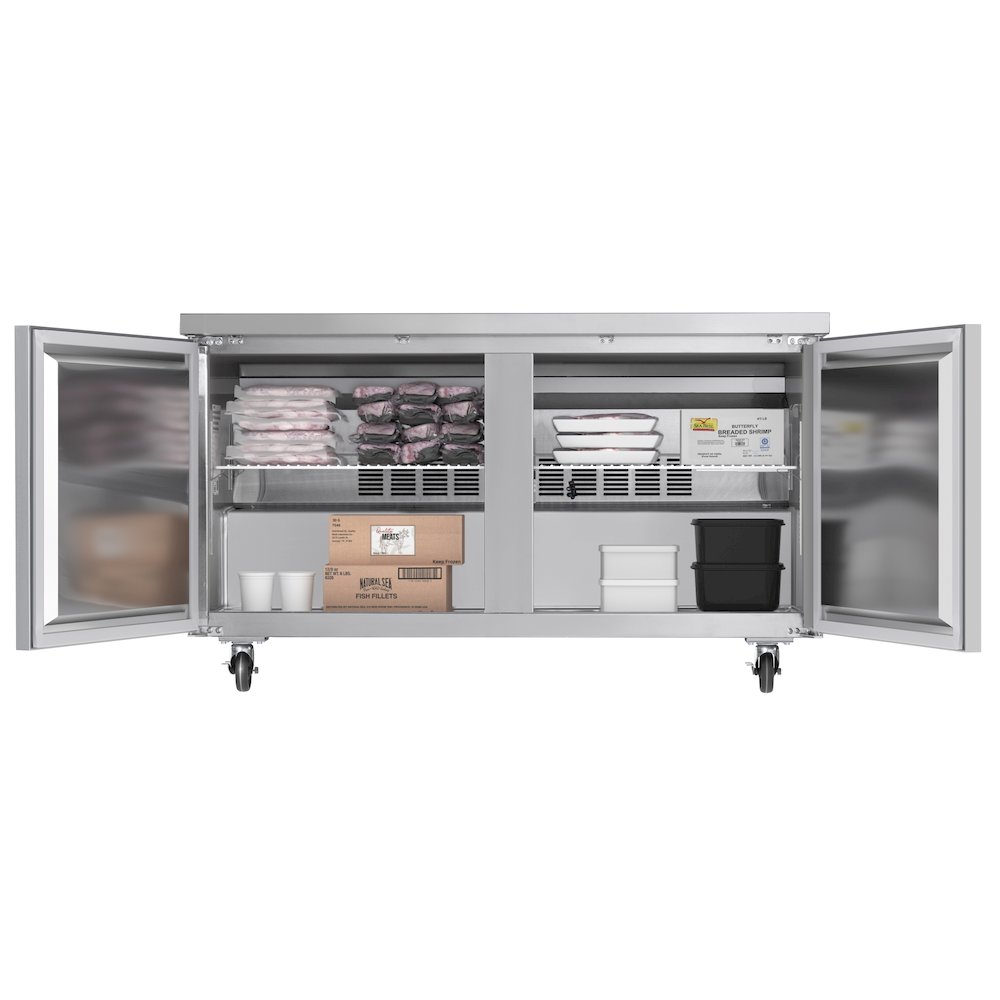 60 in. Two-Door Undercounter Freezer in Stainless Steel with Casters, ETL Listed. Picture 1