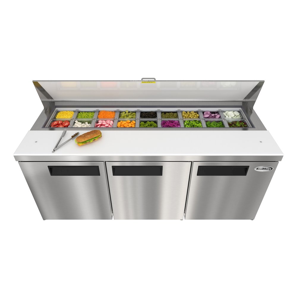 70" 3 Door Refrigerated Salad and Sandwich Prep Table, 18 Pan Capacity. Picture 3