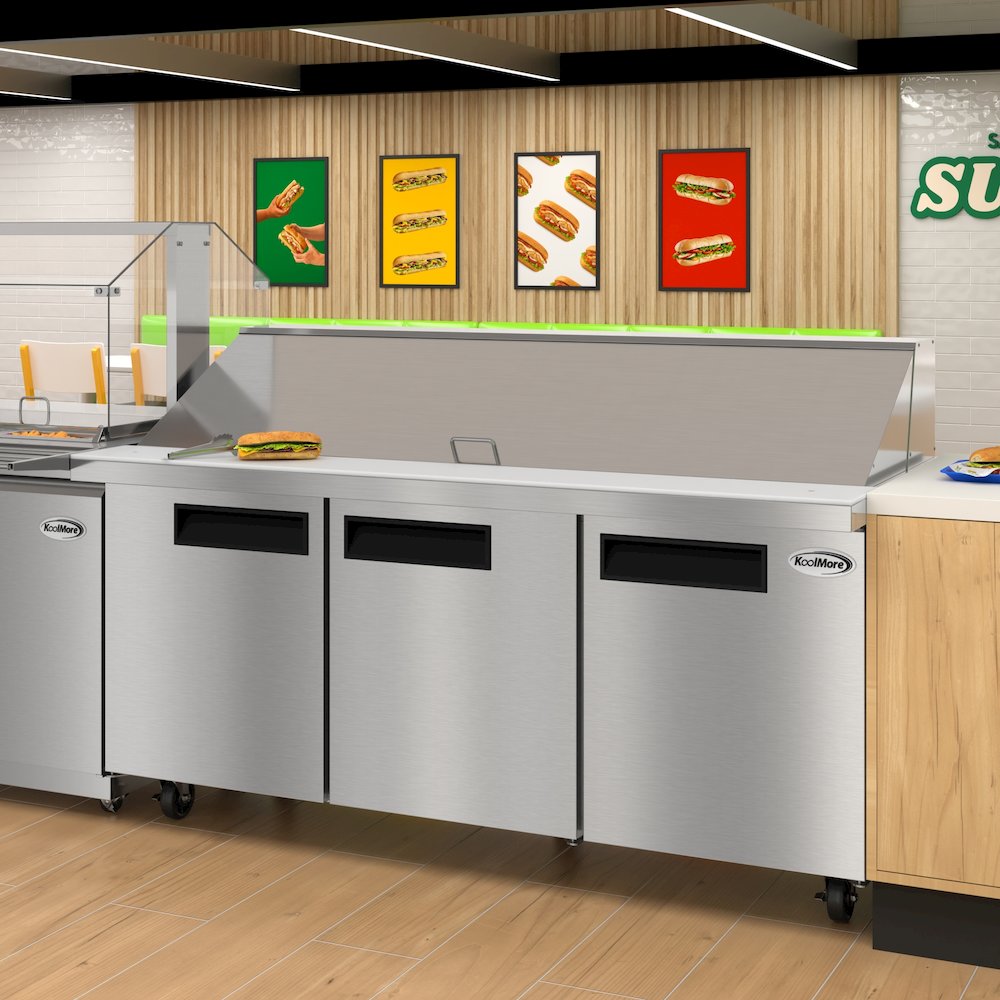 70" 3 Door Refrigerated Mega Salad and Sandwich Prep Table, 30 Pan Capacity. Picture 4