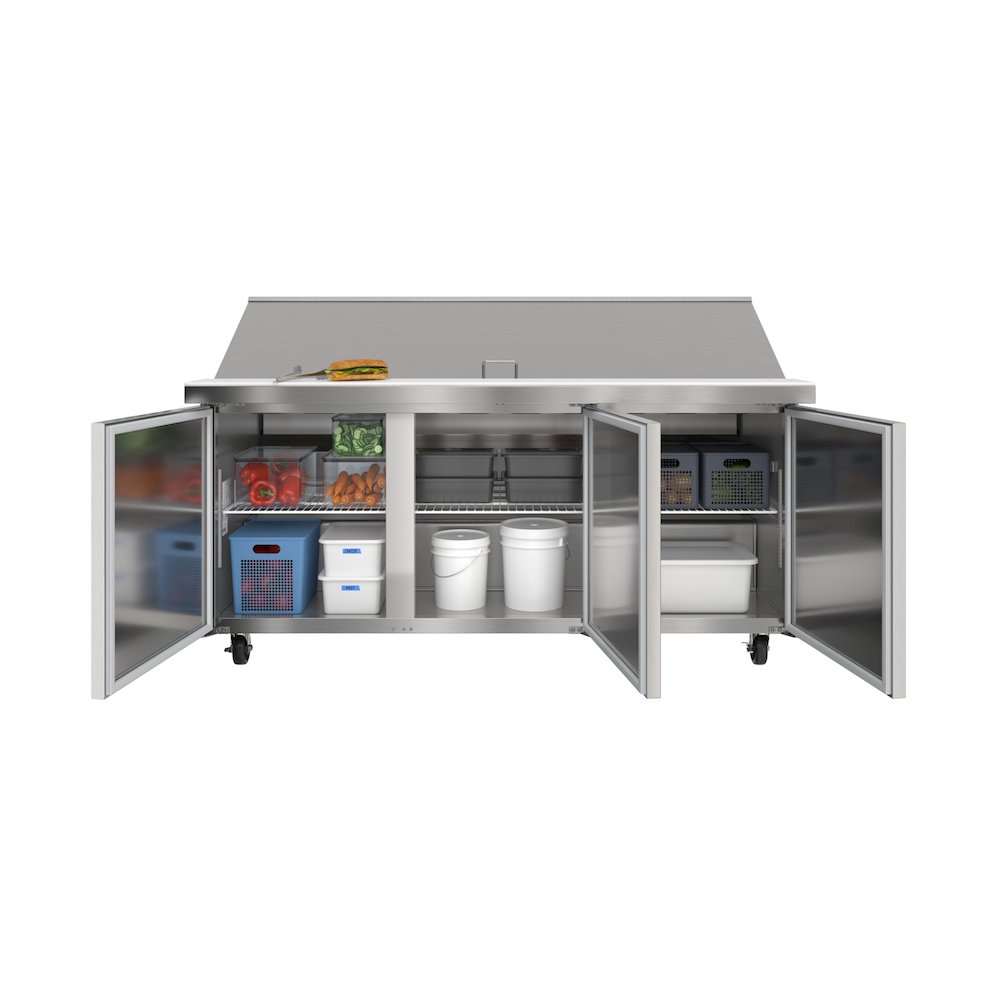 70" 3 Door Refrigerated Mega Salad and Sandwich Prep Table, 30 Pan Capacity. Picture 1
