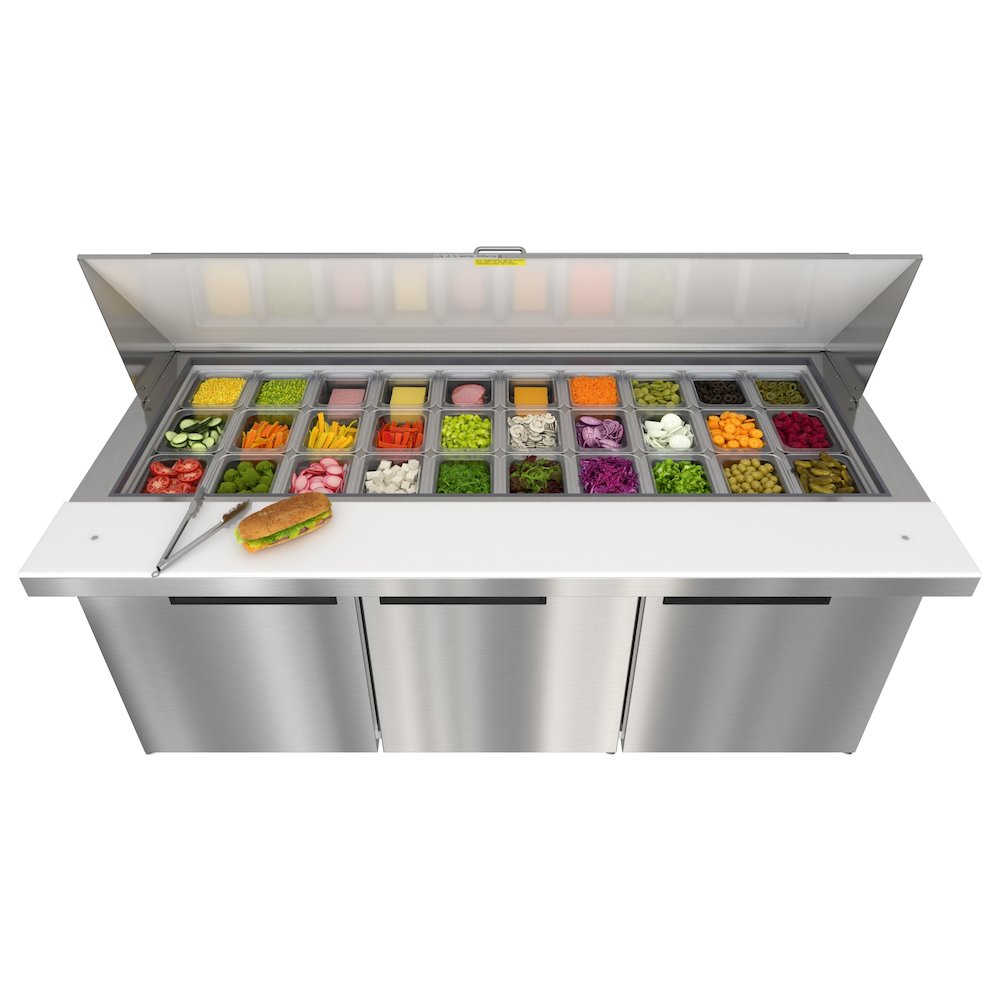70" 3 Door Refrigerated Mega Salad and Sandwich Prep Table, 30 Pan Capacity. Picture 3