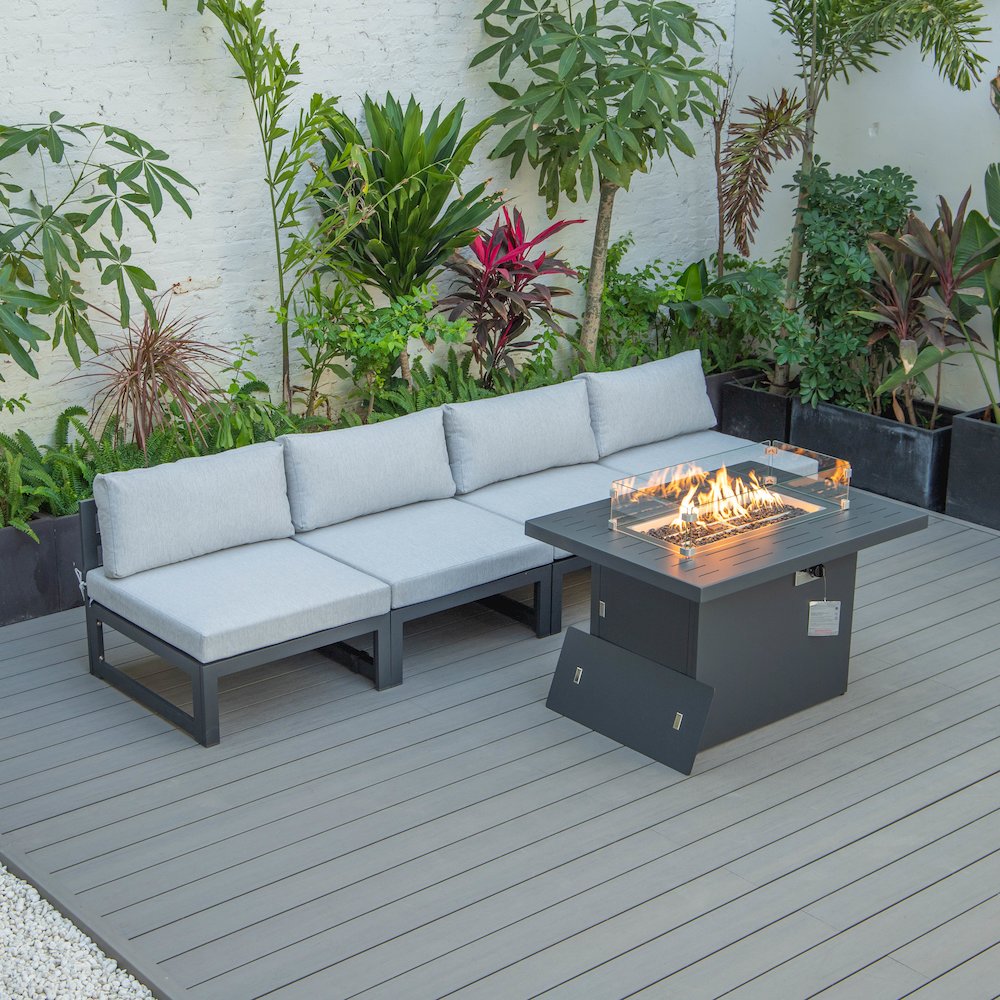 LeisureMod Chelsea 5-Piece Middle Patio Chairs and Fire Pit Table Set With Cushions, Light Grey. Picture 1