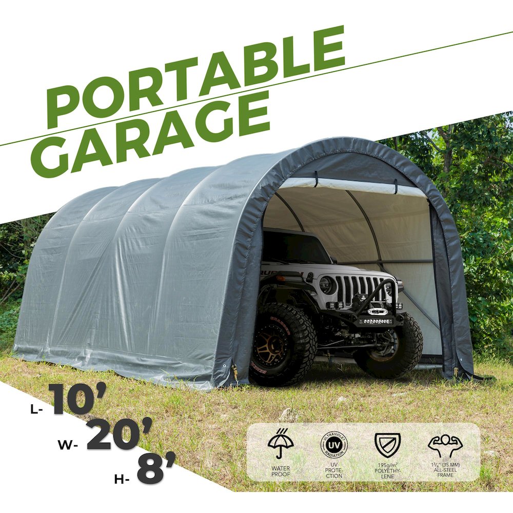 Portable Carport 10'x20'x8'(H), Round Roof, Gray Cover. Picture 3