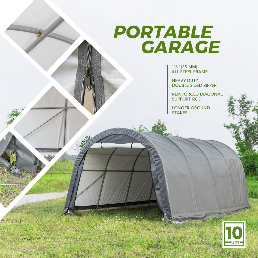 Portable Carport 10'x20'x8'(H), Round Roof, Gray Cover. Picture 4