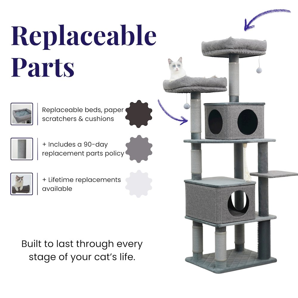 7-Level 67.5” Linen & Quilted Velvet Cat Tree with Recycled Paper Scratchers. Picture 3