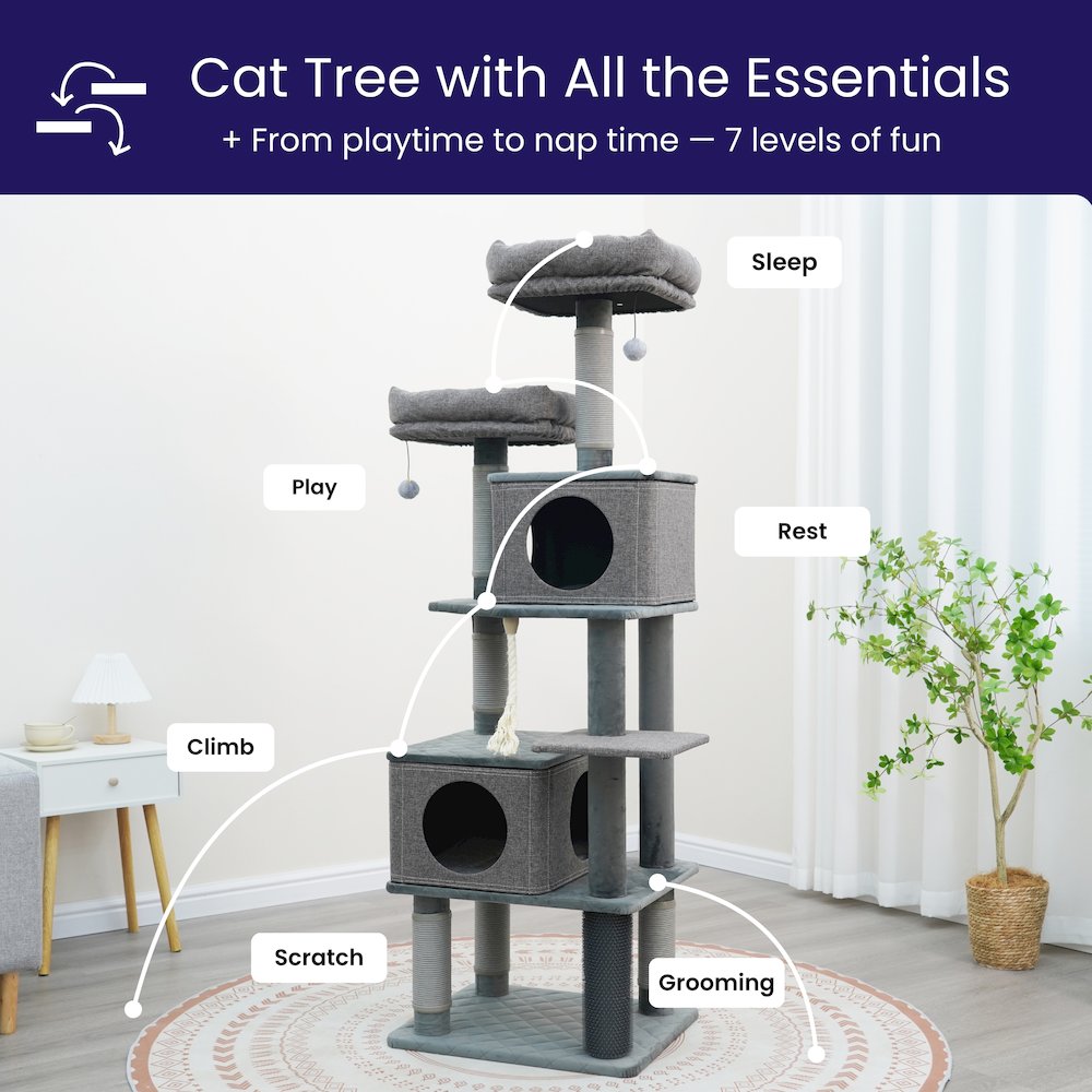 7-Level 67.5” Linen & Quilted Velvet Cat Tree with Recycled Paper Scratchers. Picture 4