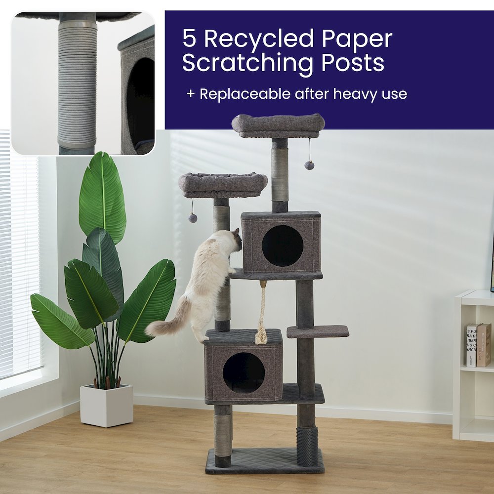 7-Level 67.5” Linen & Quilted Velvet Cat Tree with Recycled Paper Scratchers. Picture 5