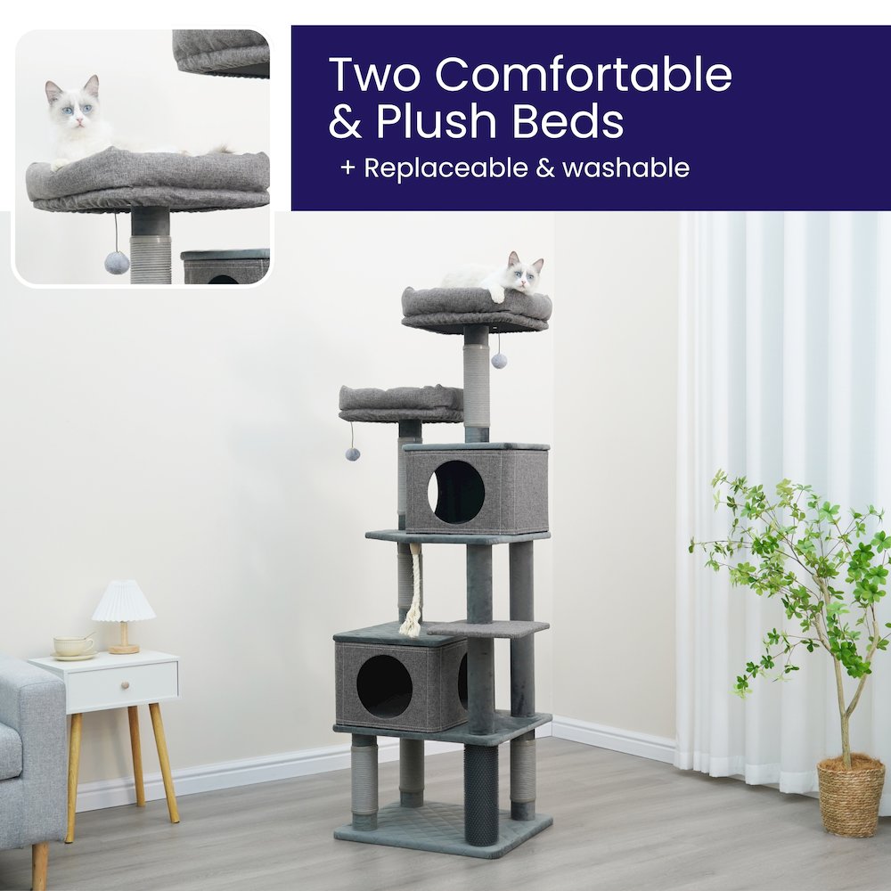 7-Level 67.5” Linen & Quilted Velvet Cat Tree with Recycled Paper Scratchers. Picture 6