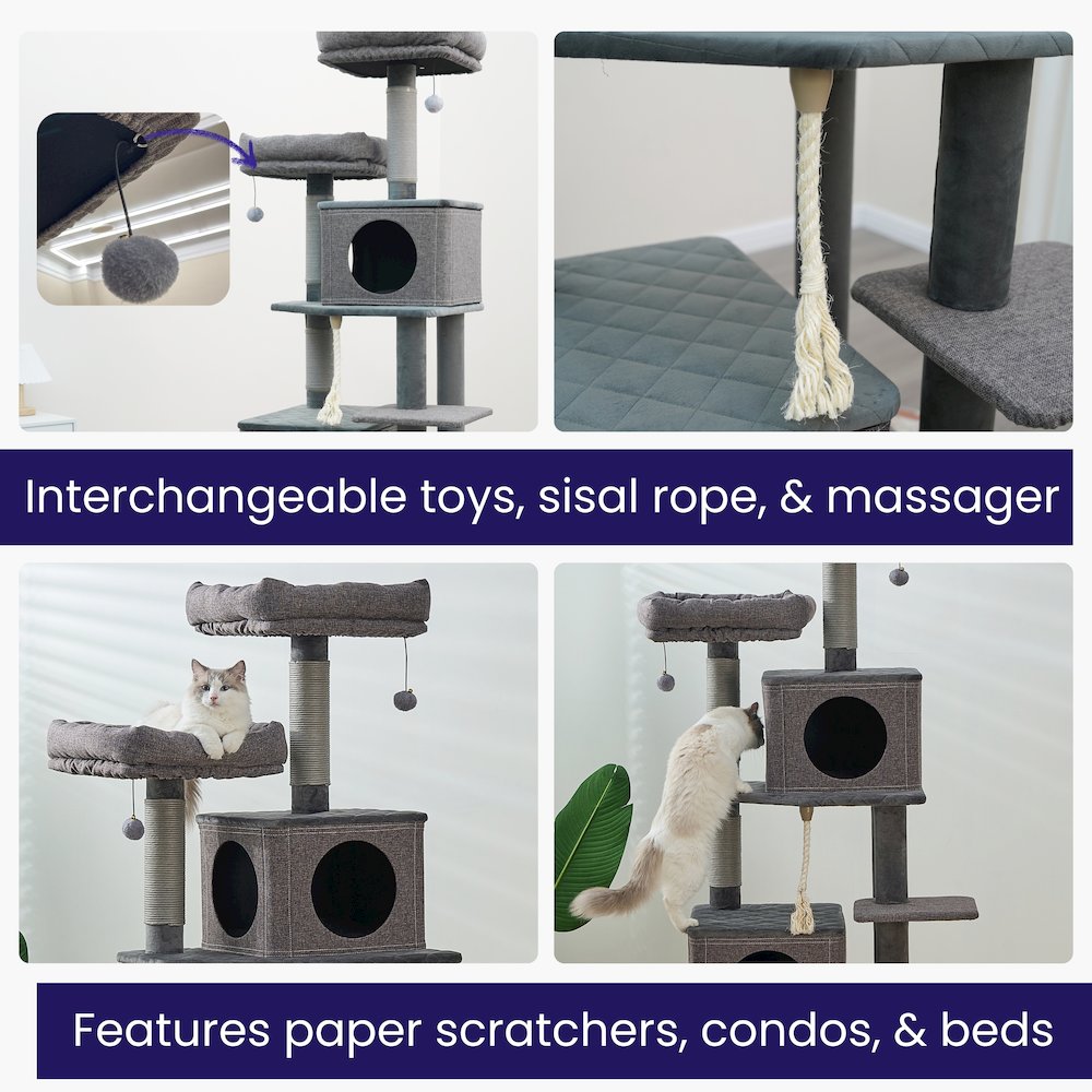 7-Level 67.5” Linen & Quilted Velvet Cat Tree with Recycled Paper Scratchers. Picture 7