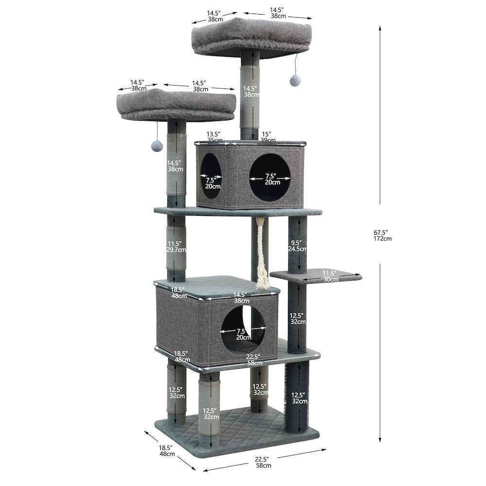 7-Level 67.5” Linen & Quilted Velvet Cat Tree with Recycled Paper Scratchers. Picture 2