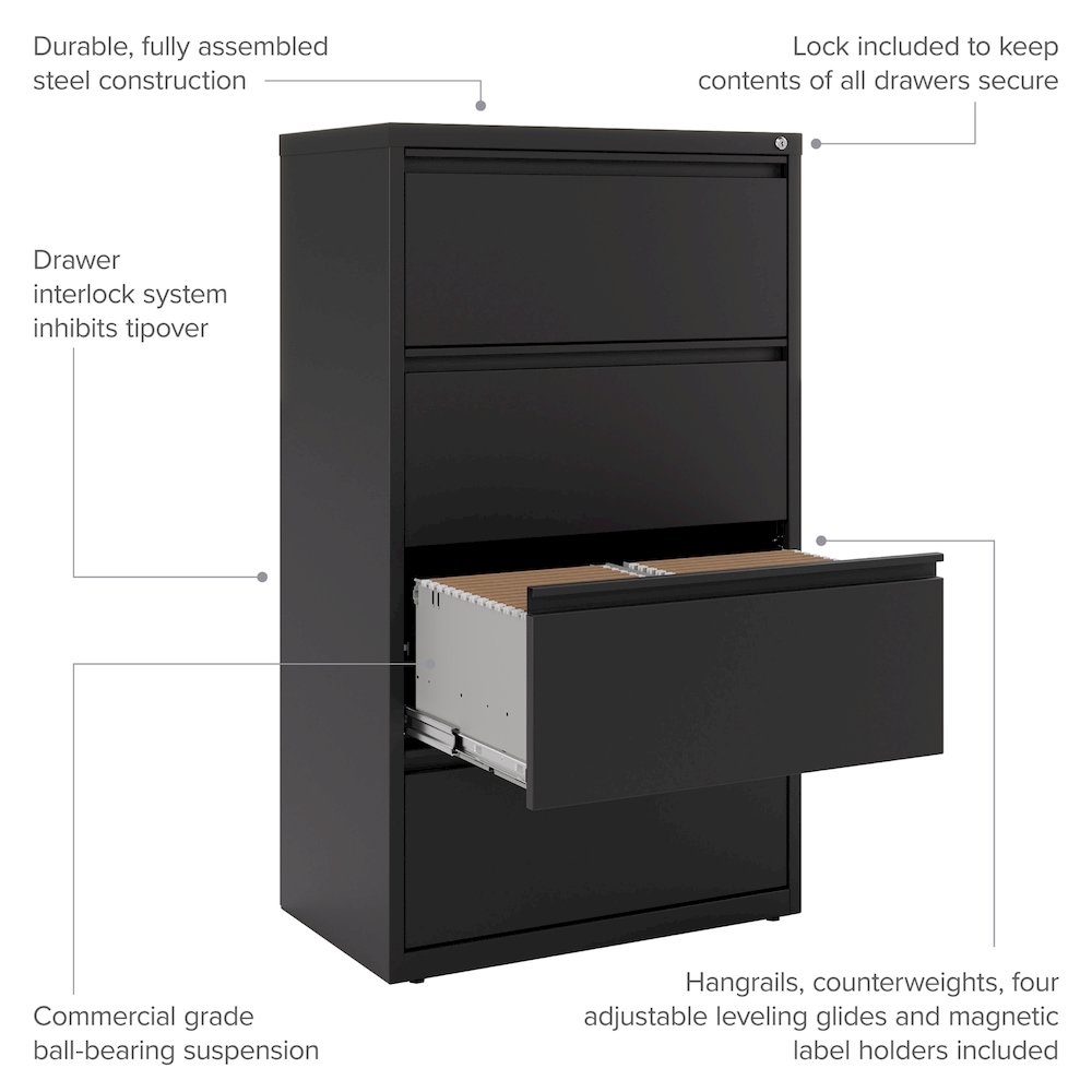 Hirsh 30 Inch Wide 4 Drawer Metal Lateral File Cabinet, Black. Picture 10